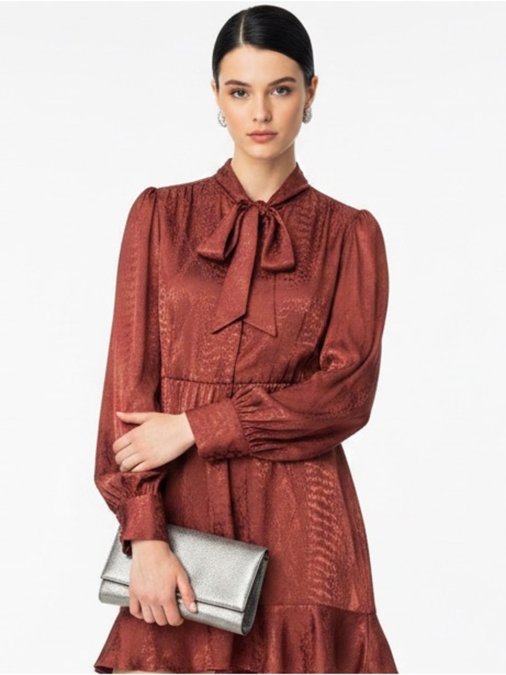 EXPRESS | Snake Print Rust Orange Button Front Tie Neck Dress Women’s Size Small